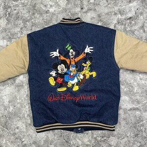 Vintage Walt Disney World Mickey Mouse Denim Varsity Bomber Jacket Sz XS